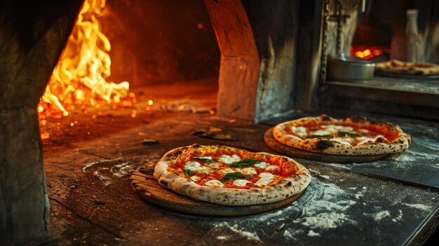 Pizza recién horneada en horno de leña en una antigua cafetería pizzería preparando pizza tradicional