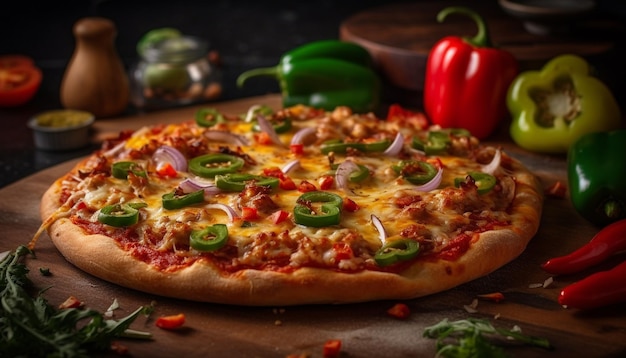 Pizza recién horneada en una mesa de madera rústica generada por IA