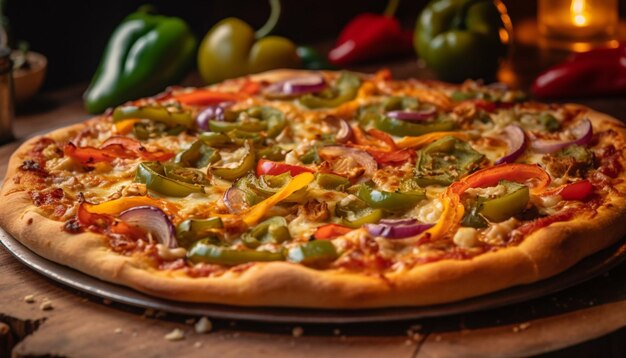 Pizza recién horneada en una mesa de madera rústica generada por IA