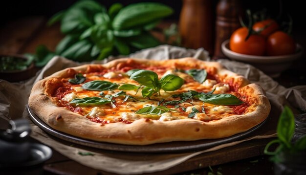 Pizza recién horneada en una mesa de madera rústica generada por IA