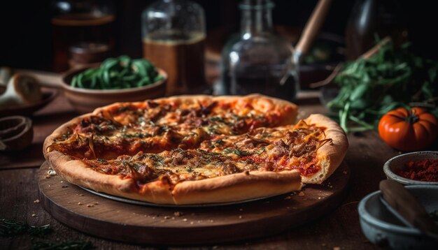 Foto gratuita pizza recién horneada en una mesa de madera rústica generada por ia