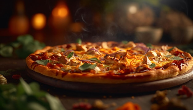 Pizza recién horneada en una mesa de madera rústica generada por IA