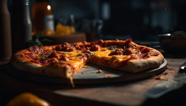 Pizza recién horneada en una mesa de madera rústica generada por IA