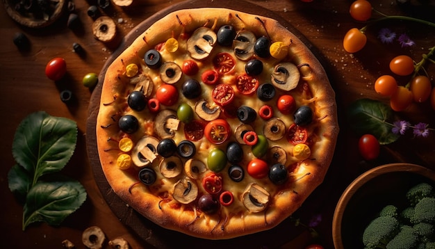 Foto gratuita pizza recién horneada en una mesa de madera rústica generada por ia