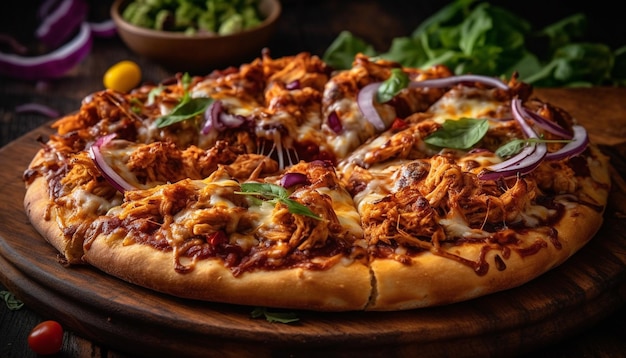 Pizza rústica recién horneada en una mesa de madera generada por IA