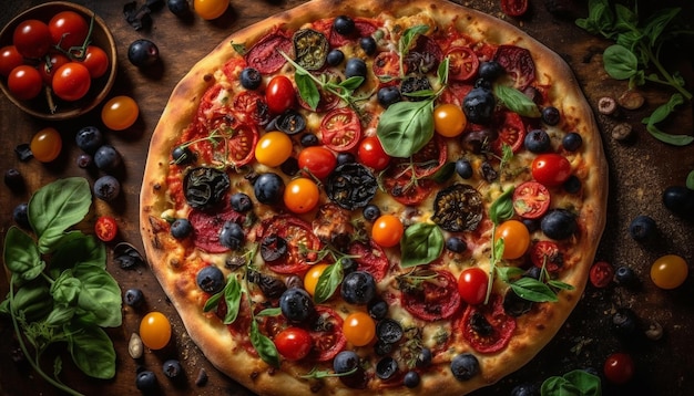 Foto gratuita una pizza con tomates, aceitunas y albahaca sobre una mesa de madera.