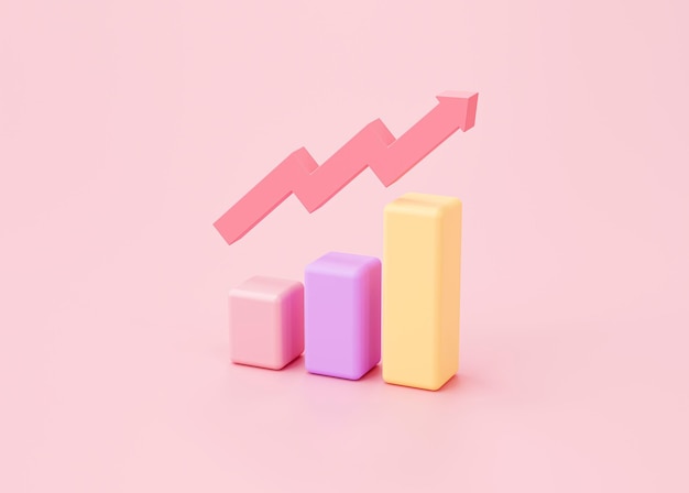 Plan de gráficos y estrategia de crecimiento para el concepto de negocios y finanzas de marketing en representación 3d de fondo rosa