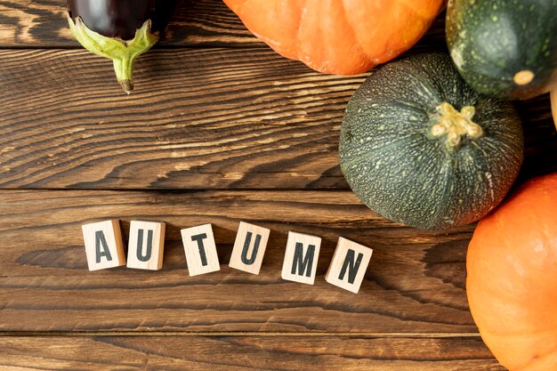 Plana pone calabazas coloridas con letras de otoño