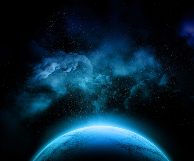 Planeta ficticio con cielo nocturno colorido, estrellas y nebulosa