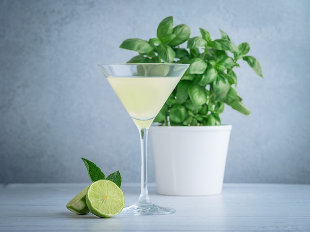 Plano amplio de Martini de lima en una copa de cóctel cerca de lima y menta y una planta de albahaca en una olla blanca