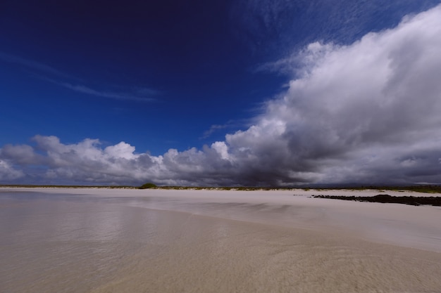 Plano general de una orilla del mar con un campo de hierba en la distancia y nubes en un cielo azul oscuro