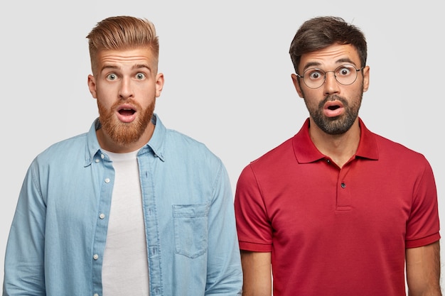 Foto gratuita plano horizontal de dos hombres barbudos aturdidos que reaccionan ante noticias repentinas, mantienen la boca abierta, miran fijamente. ginger hipster masculino se encuentra junto a su hermano, expresa sorpresa y gran incredulidad