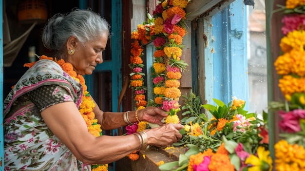 Foto gratuita plano medio anciana celebrando el año nuevo tamil