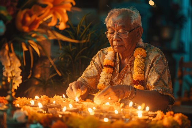 Plano medio anciano celebrando el año nuevo tamil