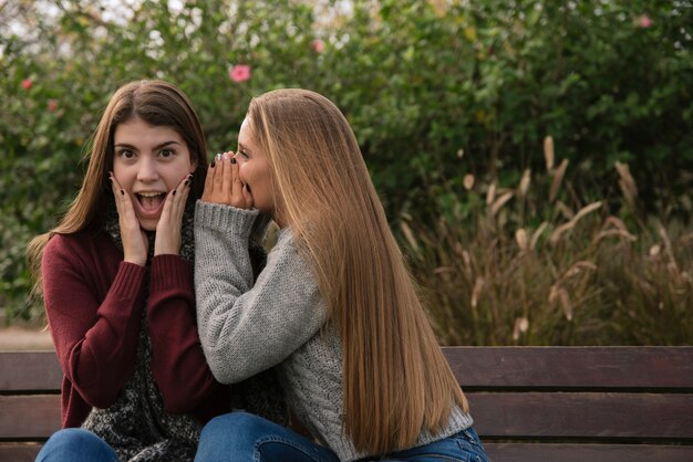 Plano medio de dos mujeres charlando en el parque