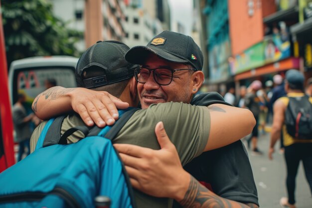 Plano medio hombres mayores abrazándose