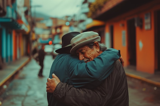 Plano medio hombres mayores abrazándose