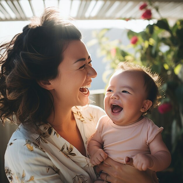 Plano medio madre feliz sosteniendo a su bebé