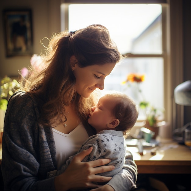 Plano medio madre feliz sosteniendo a su bebé