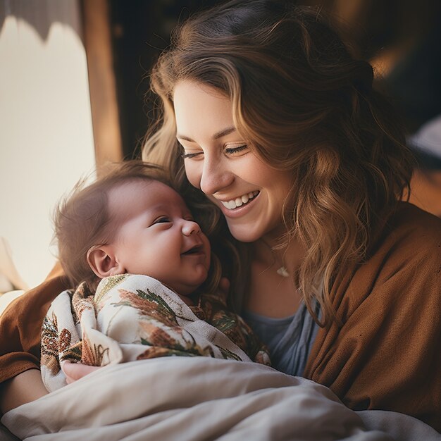 Plano medio madre feliz sosteniendo a su bebé