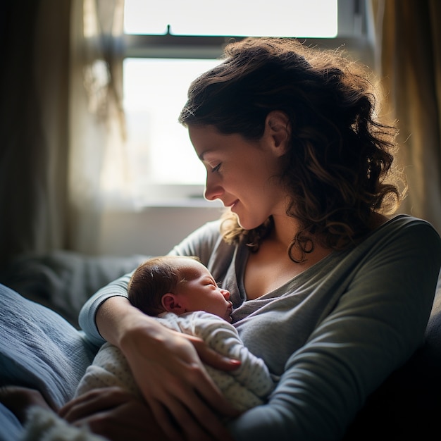 Plano medio madre feliz sosteniendo a su bebé