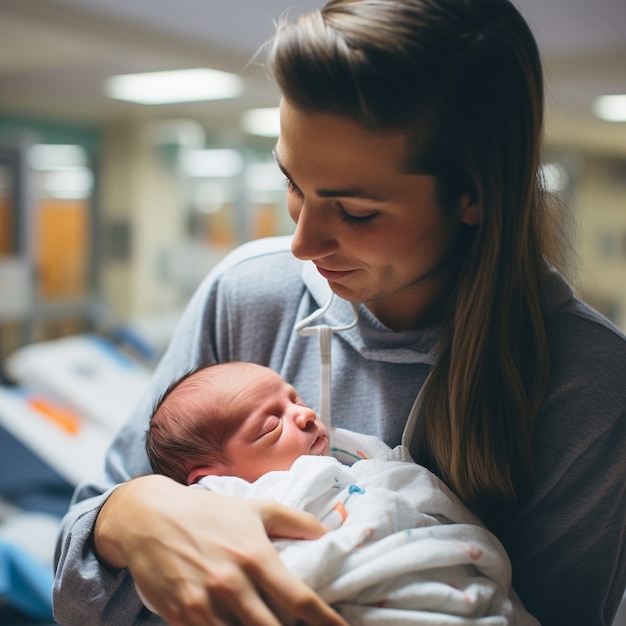 Plano medio madre feliz sosteniendo a su bebé