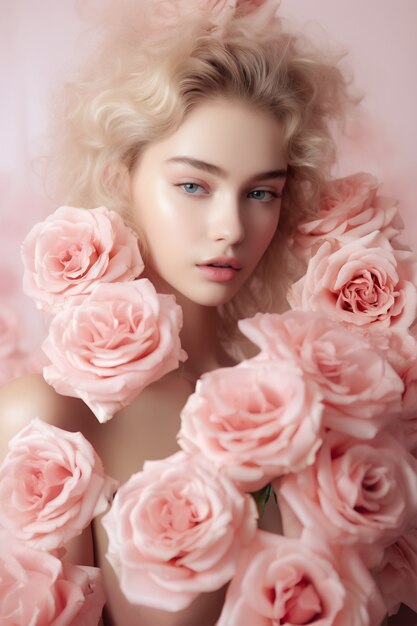 Plano medio mujer joven posando con rosas