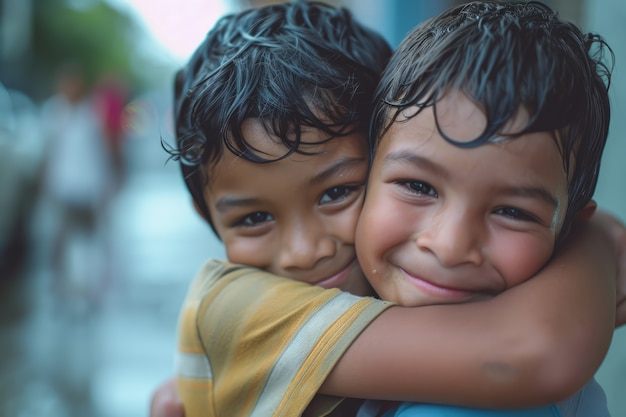 Foto gratuita plano medio niños abrazándose al aire libre