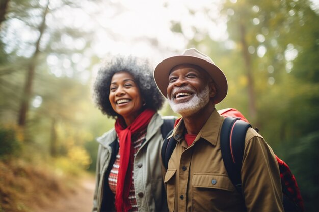 Plano medio pareja de ancianos en la naturaleza