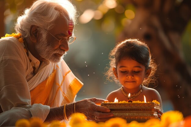 Plano medio personas celebrando el año nuevo tamil.