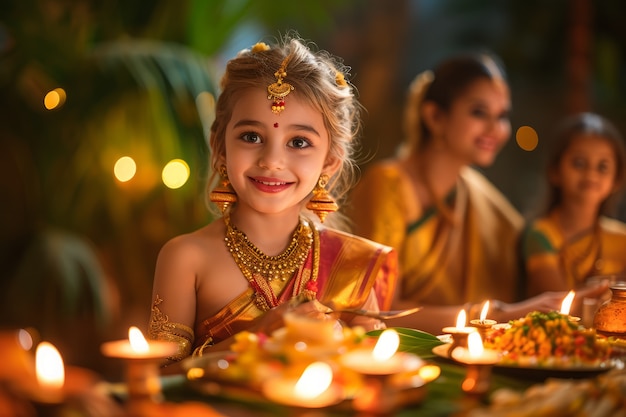 Plano medio personas celebrando el año nuevo tamil.