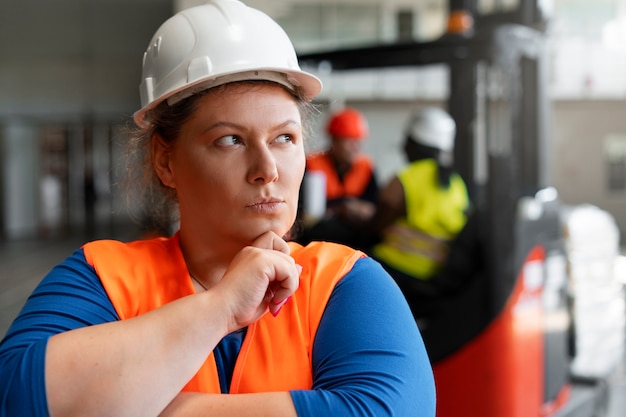 Foto gratuita plano medio, personas de talla grande trabajando en la construcción.