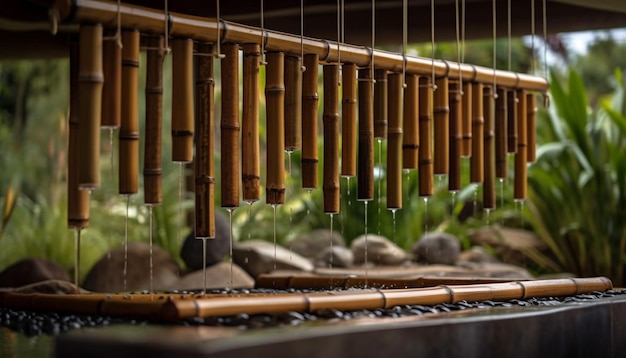 Foto gratuita planta de bambú colgando de la cultura japonesa en primer plano generada por ia