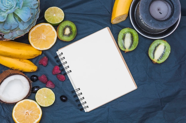 Foto gratuita planta de cactus; frutas coco; vela y página en blanco espiral bloc de notas en textil