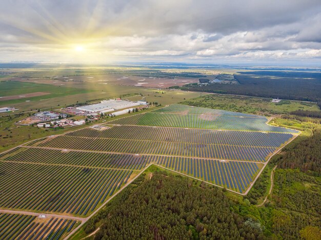 Planta de energía solar en el campo Vista aérea de paneles solares