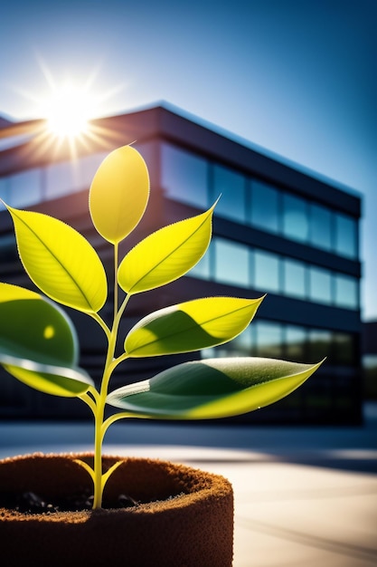 Foto gratuita una planta frente a un edificio con el sol brillando sobre ella.