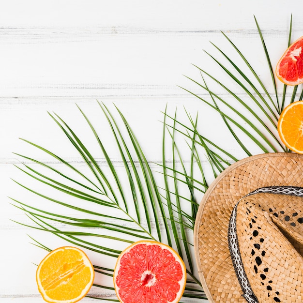 Planta de hojas cerca de frutas exóticas frescas y sombrero a bordo.