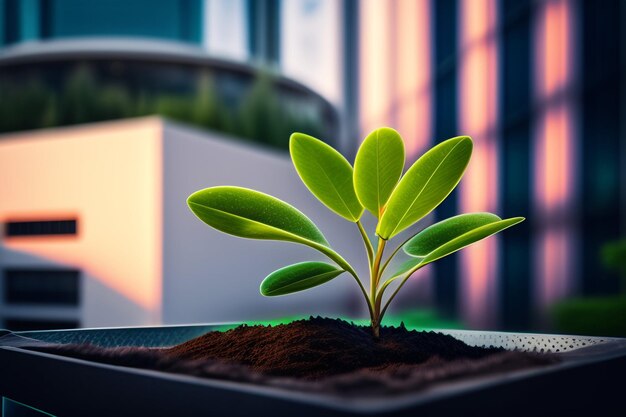 Una planta con hojas verdes crece en una maceta negra frente a un edificio moderno.