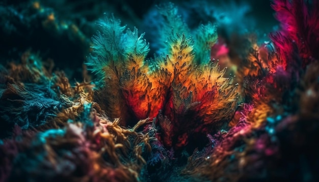 Planta macro submarina en un vibrante caos multicolor generado por IA