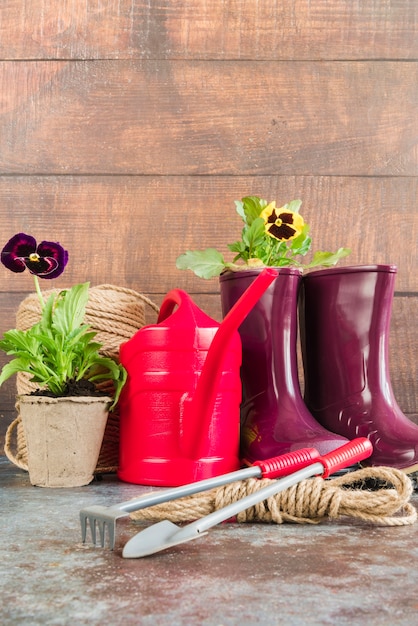 Planta de pensamiento en maceta; regadera; Herramientas de jardinería; cuerda; Bota de goma contra la pared de madera.