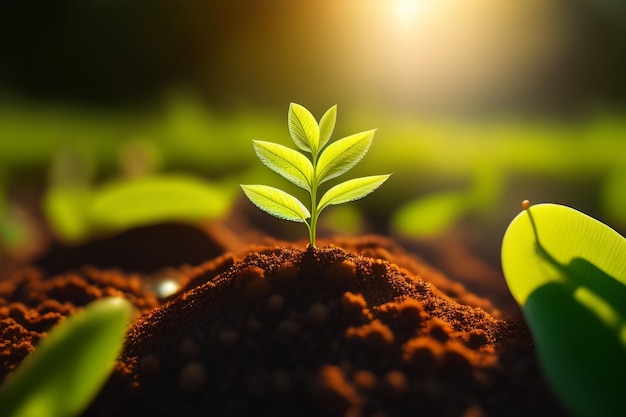 Una planta que crece en el suelo con el sol brillando sobre ella.