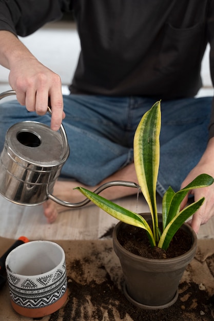 Foto gratuita planta de riego de hombre de alto ángulo