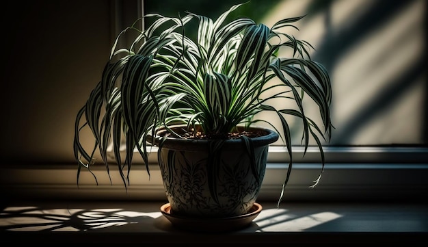 Planta verde fresca en jarrón cerca de ventana IA generativa