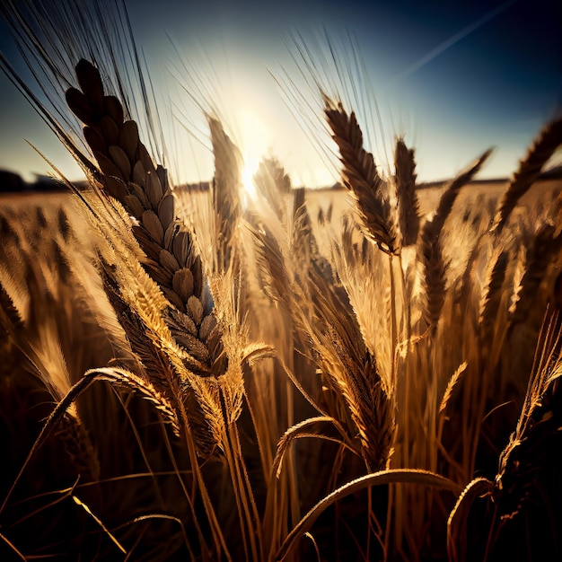 Las plantas de cereales dorados disfrutan de la vibrante luz del sol generada por IA