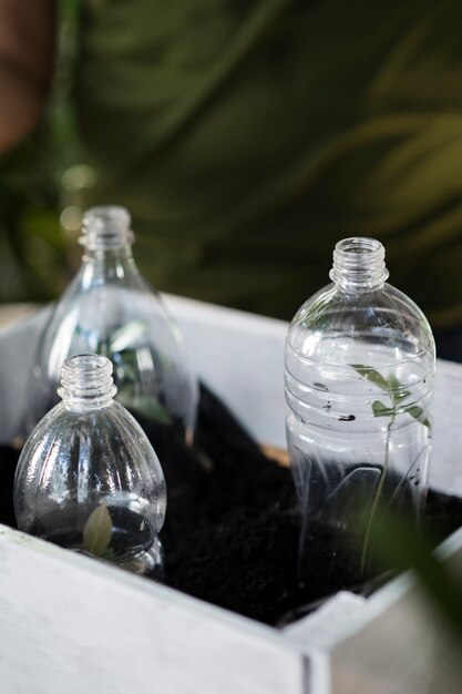 Plantas de cultivo de alto ángulo con botellas de plástico.