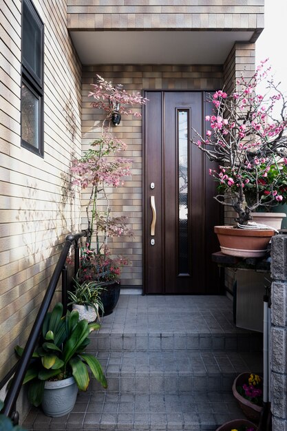 Plantas y edificio japonés de entrada de la casa