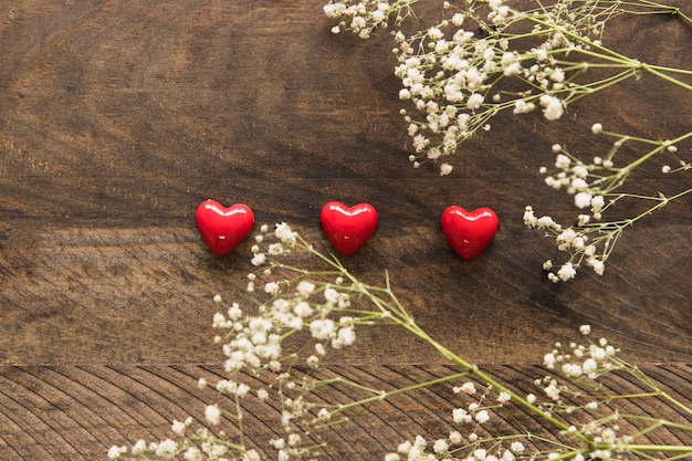 Foto gratuita plantas con flores cerca de conjunto de adornos pequeños corazones vinosos