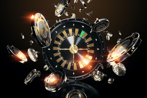 Plantilla de casino creativa, diseño de fondo con fichas de oro negro y ruleta. el concepto de ruleta, juegos de azar, entretenimiento, un sombrero para el sitio. ilustración 3d, representación 3d.