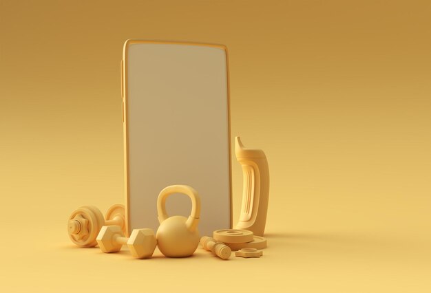 Plantilla de pantalla en blanco para smartphone con mancuernas y barras. maqueta de moda abstracta de moda. Representación 3D de la aplicación móvil del teléfono en blanco.