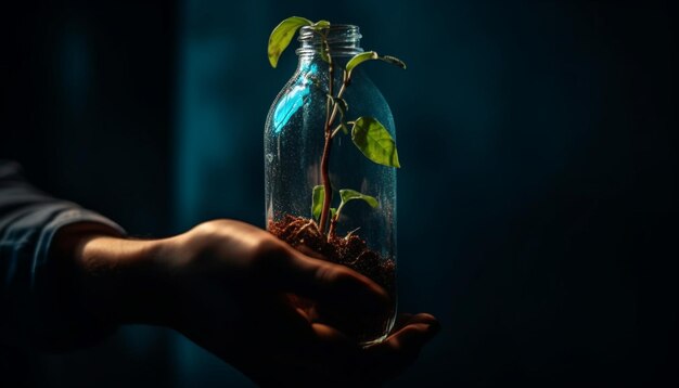 Foto gratuita plántula verde fresca sostenida por mano humana generada por ia